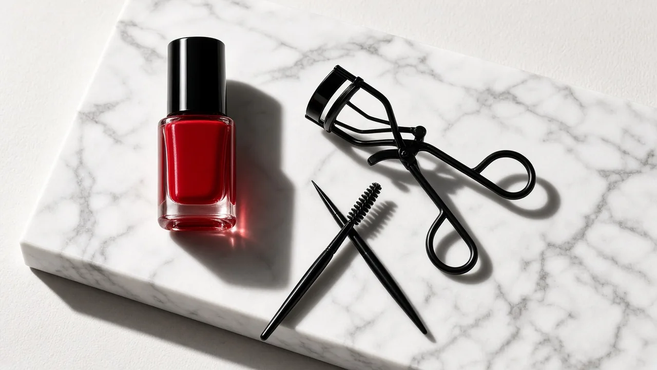 Editorial still life of a red nail polish bottle, black lash curler and brow brush on a white marble slab with hard shadows